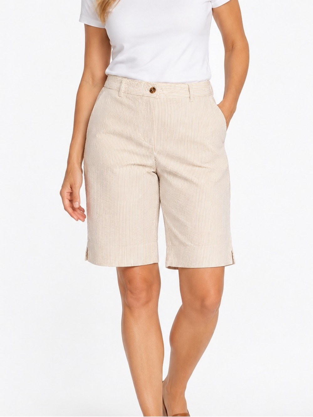 Charter Club Seersucker Striped Bermuda Shorts Coastal Preppy Tan White 12
